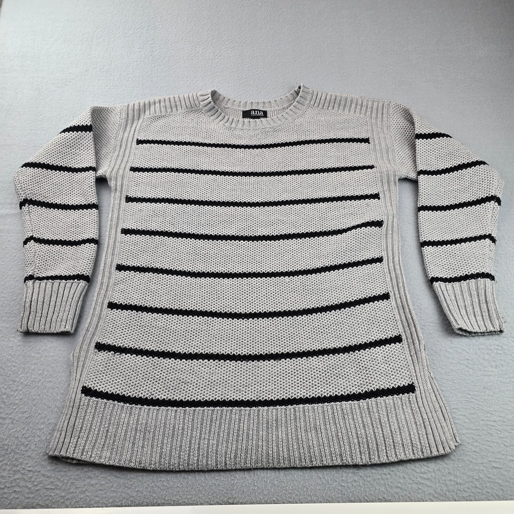 A N A A New Approach Sweater Womens Medium Gray Black Striped Knit Side Slit Rib